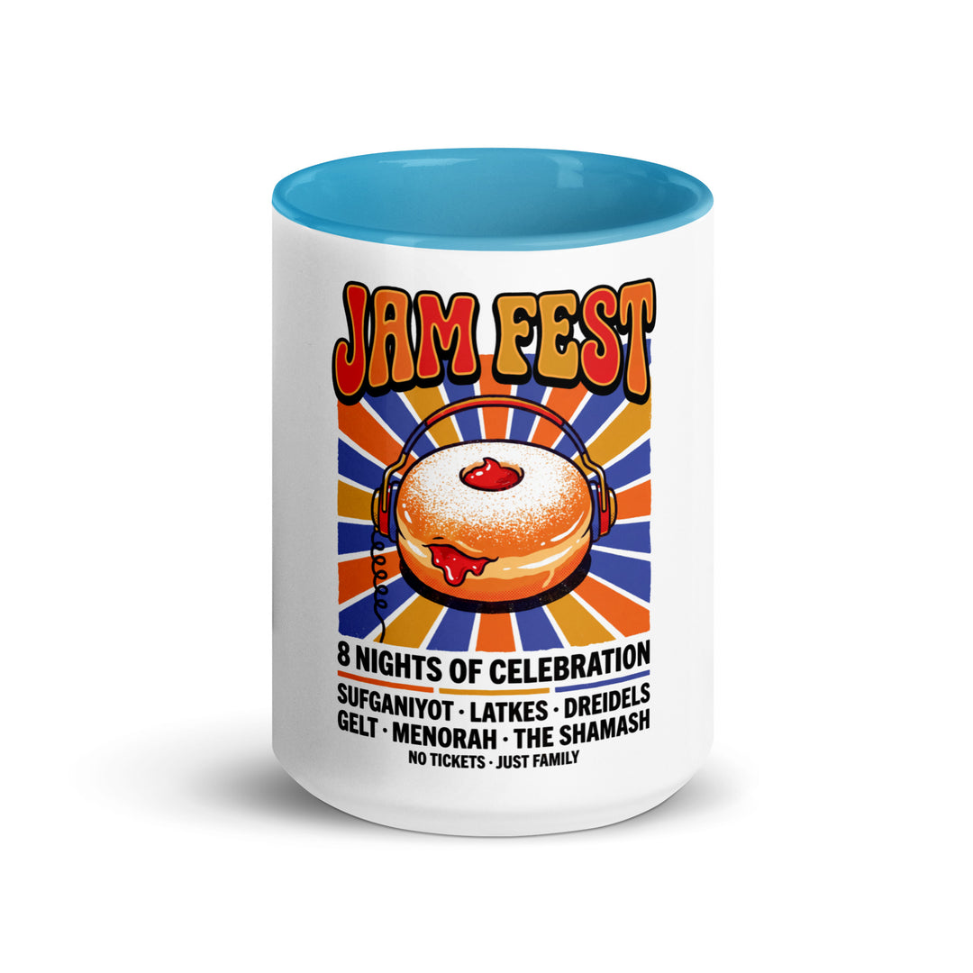 Jam Fest 8 Nights Jewish pride mug with blue inside, 15 oz - front view
