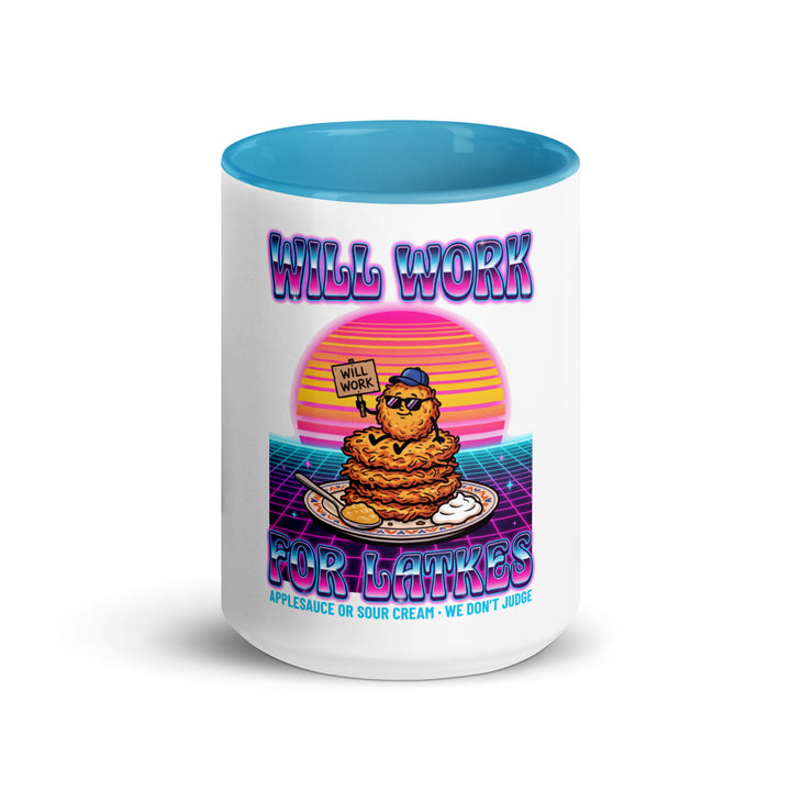 Will Work for Latkes 80s Jewish pride mug with blue inside, 15 oz - front view