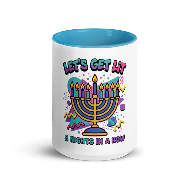 Lets Get Lit 90s Jewish pride mug with blue inside, 15 oz - front view