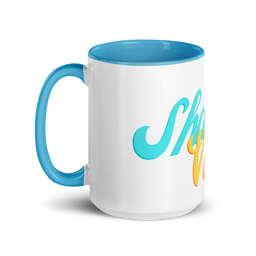 Shabbat Vibes Jewish pride mug with blue inside, 15 oz - left side view