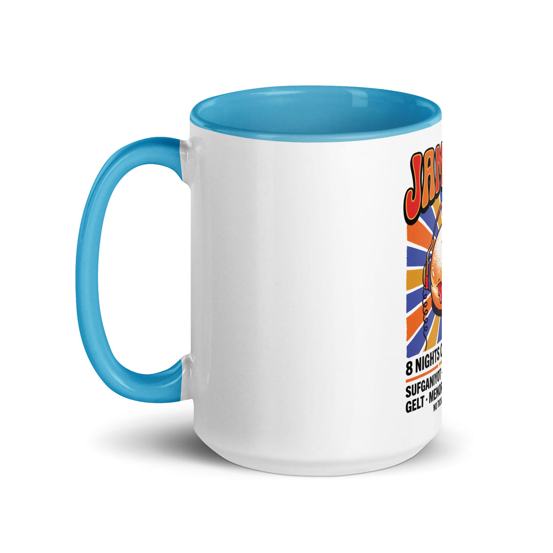 Jam Fest 8 Nights Jewish pride mug with blue inside, 15 oz - left side view