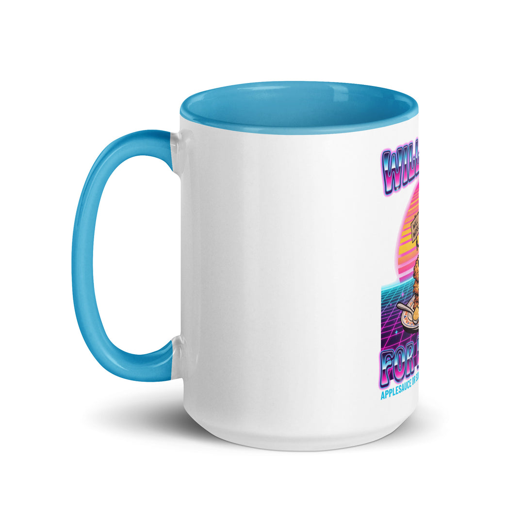 Will Work for Latkes 80s Jewish pride mug with blue inside, 15 oz - left side view