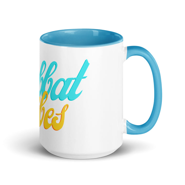 Shabbat Vibes Jewish pride mug with blue inside, 15 oz - right side view