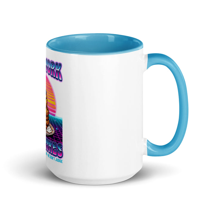 Will Work for Latkes 80s Jewish pride mug with blue inside, 15 oz - right side view