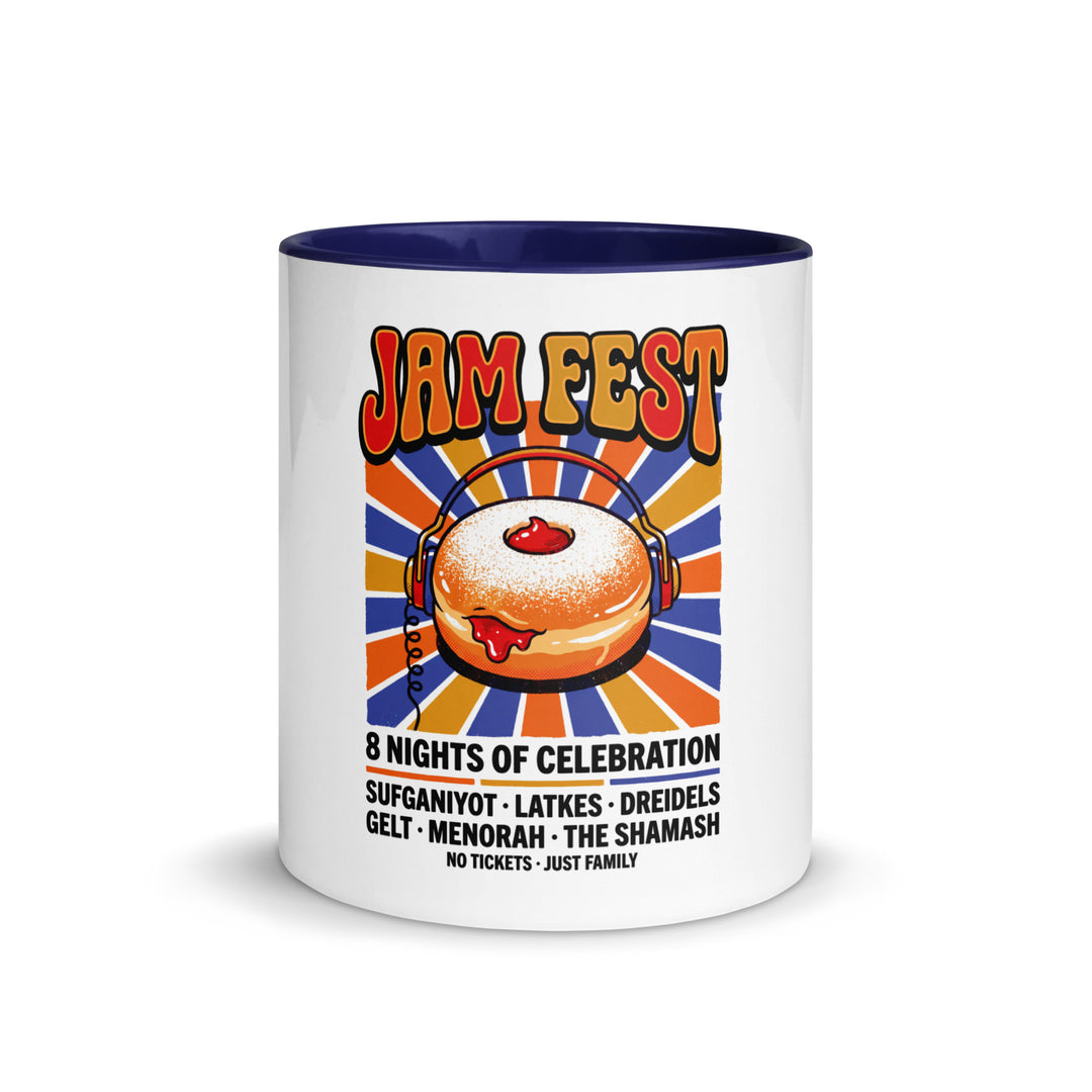Jam Fest 8 Nights Jewish pride mug with dark blue inside, 11 oz - front view