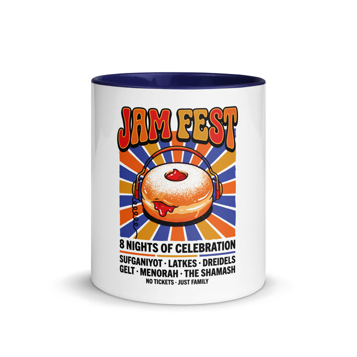 Jam Fest 8 Nights Jewish pride mug with dark blue inside, 11 oz - front view