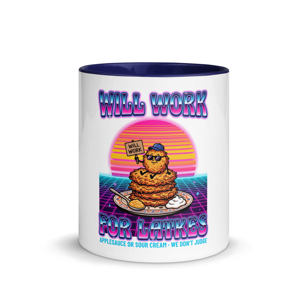 Will Work for Latkes 80s Jewish pride mug with dark blue inside, 11 oz - front view