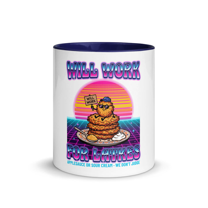 Will Work for Latkes 80s Jewish pride mug with dark blue inside, 11 oz - front view