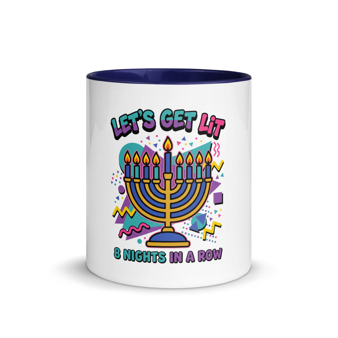 Lets Get Lit 90s Jewish pride mug with dark blue inside, 11 oz - front view