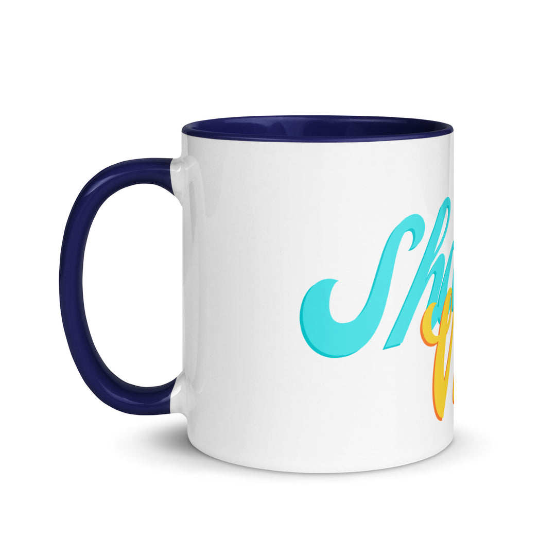 Shabbat Vibes Jewish pride mug with dark blue inside, 11 oz - left side view
