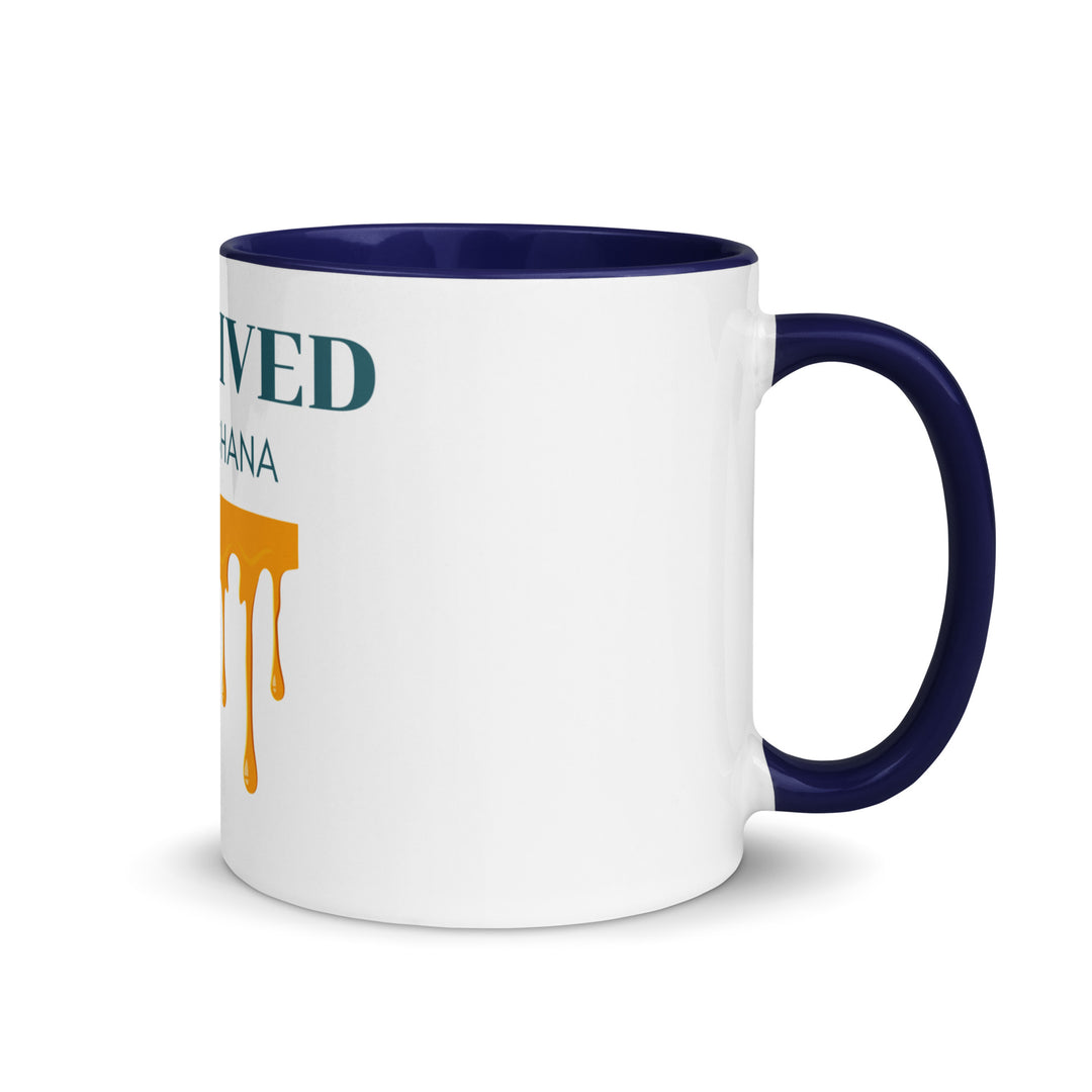 I Survived Rosh HaShana Jewish pride mug with color inside in Dark Blue - folded view
