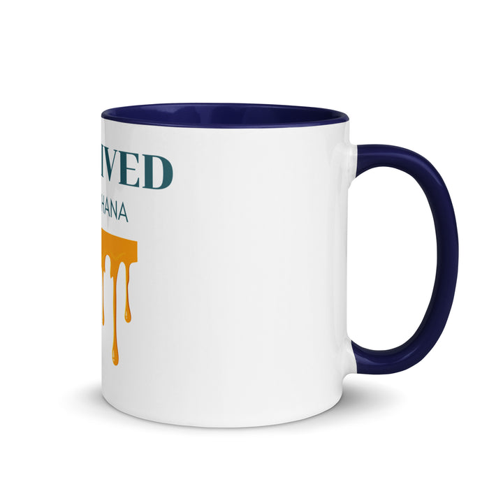 I Survived Rosh HaShana Jewish pride mug with color inside in Dark Blue - folded view