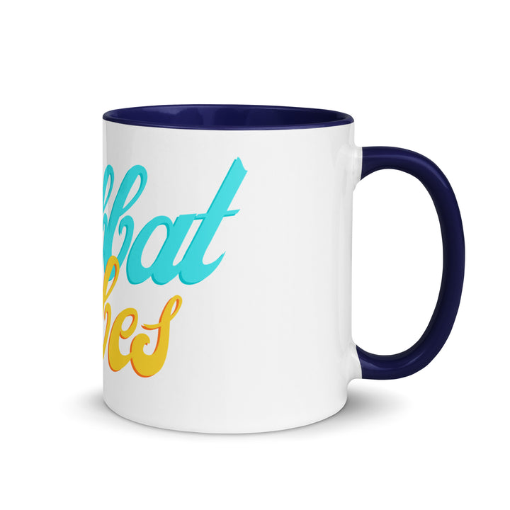 Shabbat Vibes Jewish pride mug with dark blue inside, 11 oz - right side view