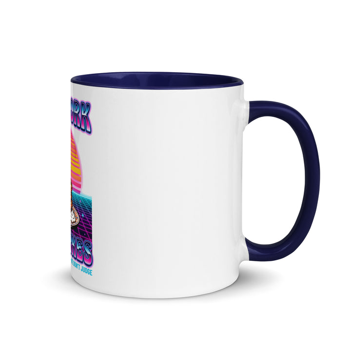 Will Work for Latkes 80s Jewish pride mug with dark blue inside, 11 oz - right side view