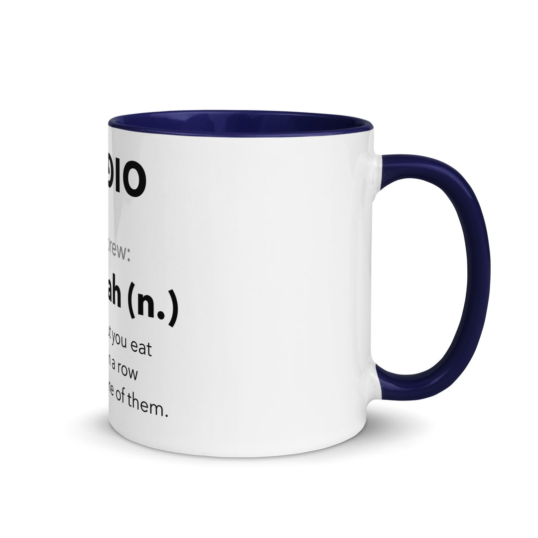 Learn Hebrew Sufganiyah Jewish pride mug with dark blue inside, 11 oz - right side view