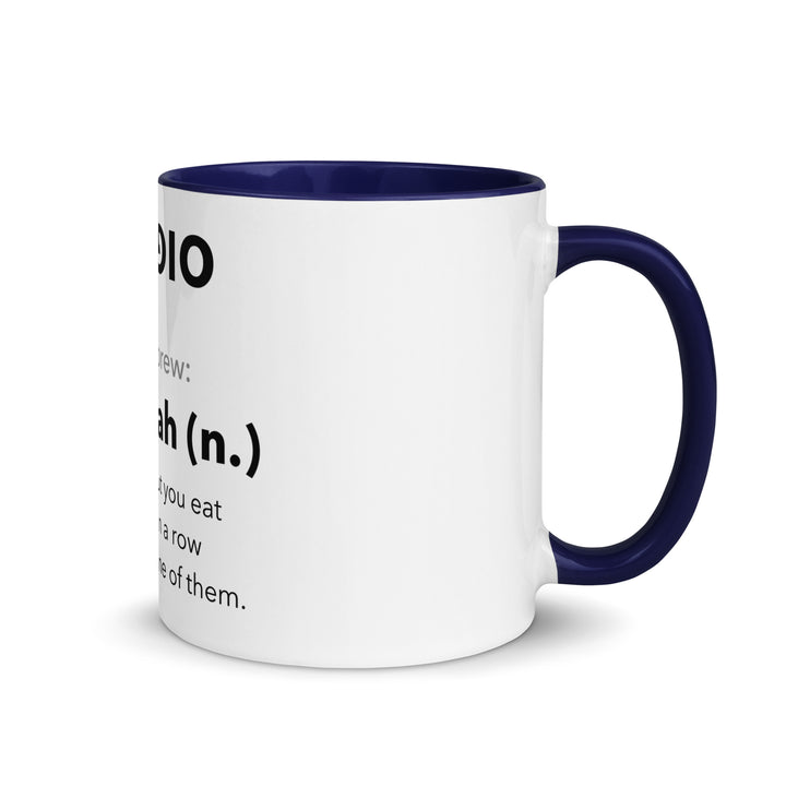 Learn Hebrew Sufganiyah Jewish pride mug with dark blue inside, 11 oz - right side view