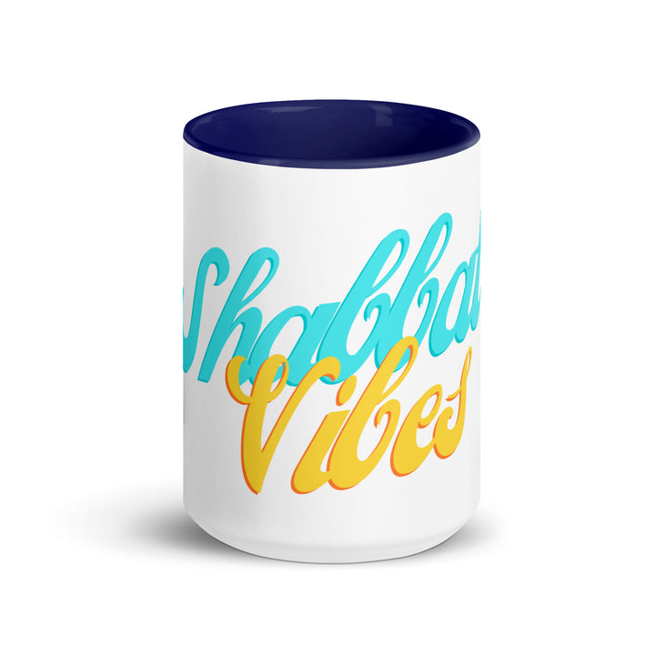 Shabbat Vibes Jewish pride mug with dark blue inside, 15 oz - front view