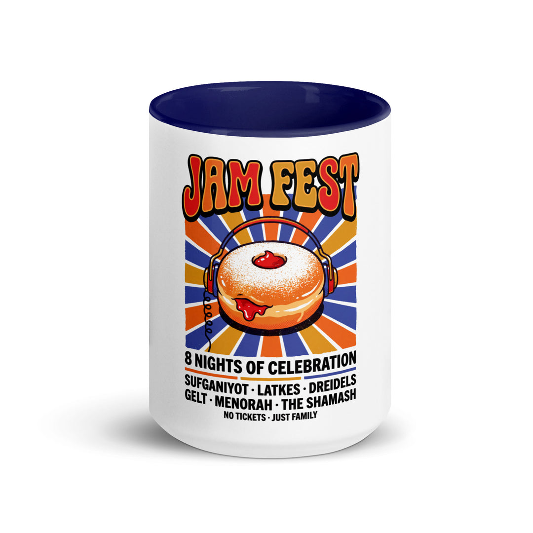 Jam Fest 8 Nights Jewish pride mug with dark blue inside, 15 oz - front view