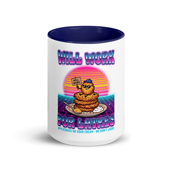 Will Work for Latkes 80s Jewish pride mug with dark blue inside, 15 oz - front view