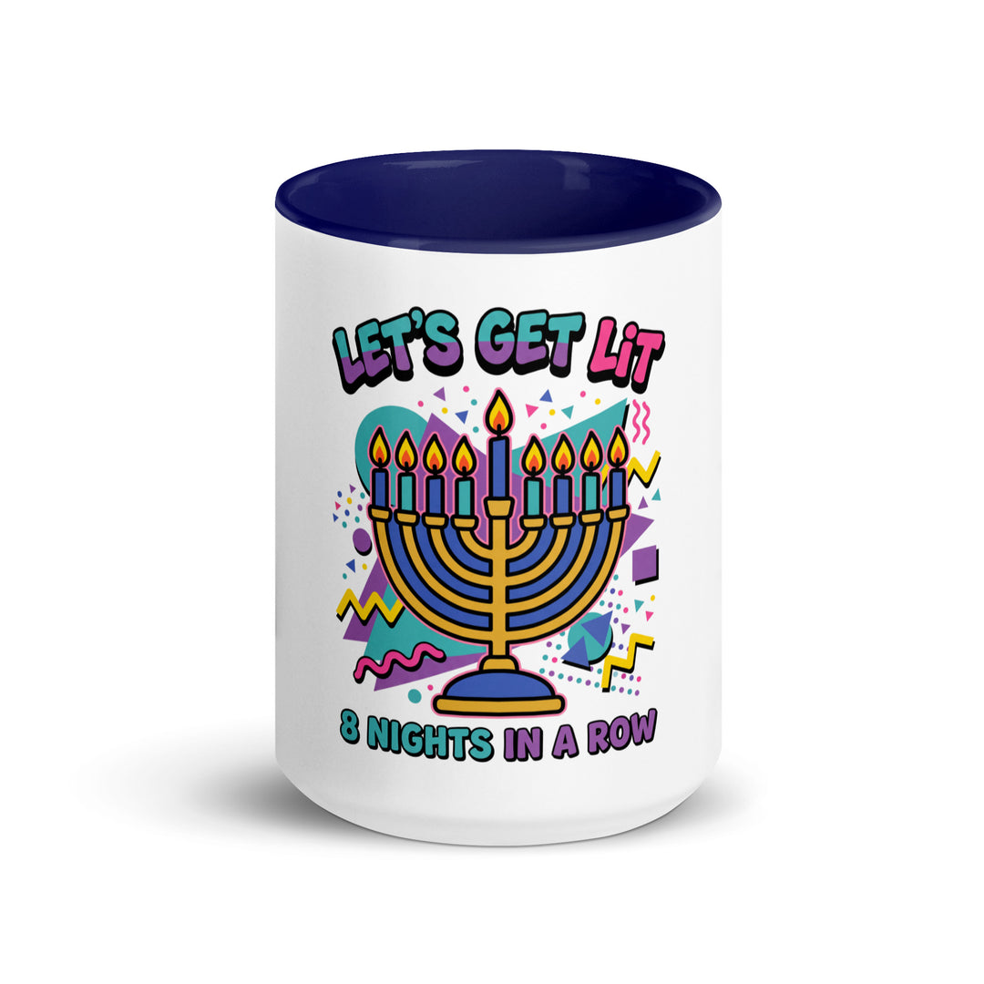 Lets Get Lit 90s Jewish pride mug with dark blue inside, 15 oz - front view