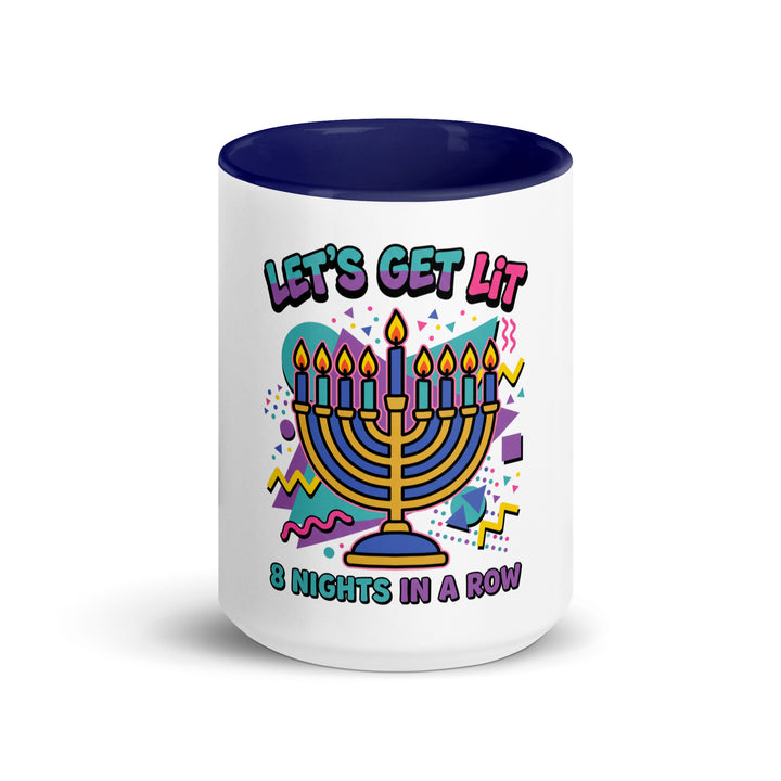 Lets Get Lit 90s Jewish pride mug with dark blue inside, 15 oz - front view