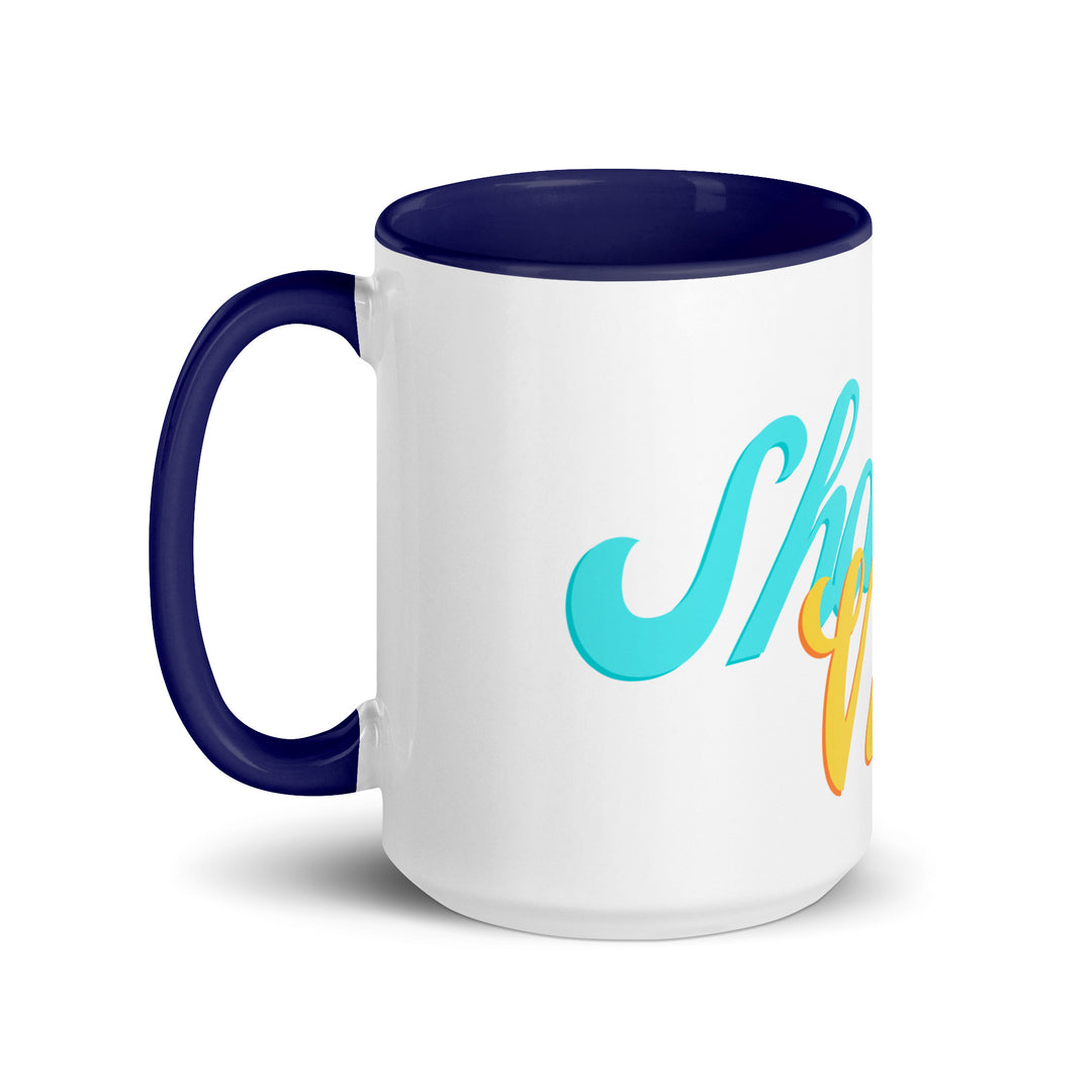 Shabbat Vibes Jewish pride mug with dark blue inside, 15 oz - left side view