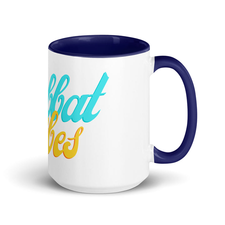 Shabbat Vibes Jewish pride mug with dark blue inside, 15 oz - right side view