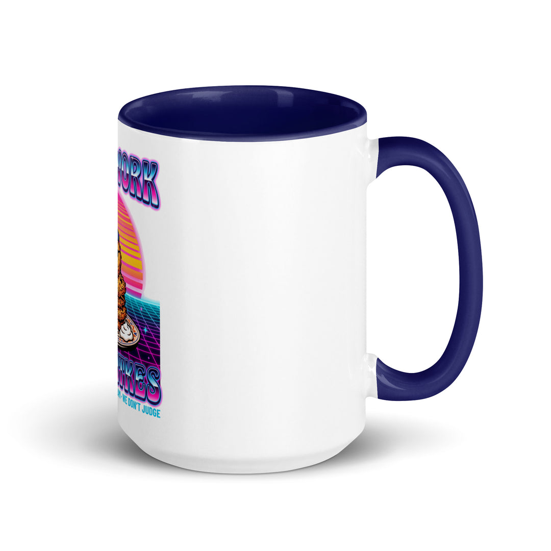Will Work for Latkes 80s Jewish pride mug with dark blue inside, 15 oz - right side view
