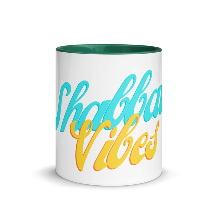 Shabbat Vibes Jewish pride mug with dark green inside, 11 oz - front view