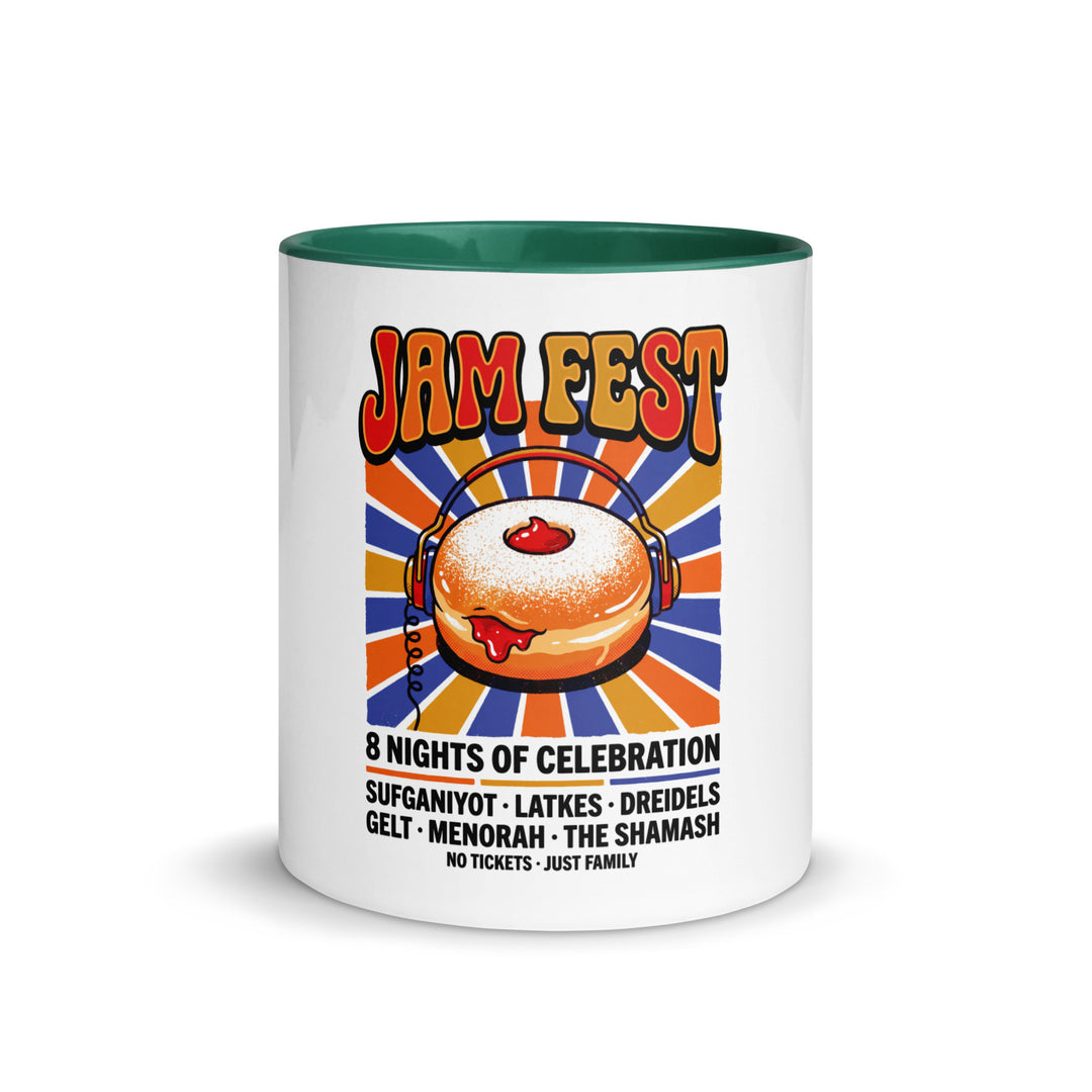 Jam Fest 8 Nights Jewish pride mug with dark green inside, 11 oz - front view