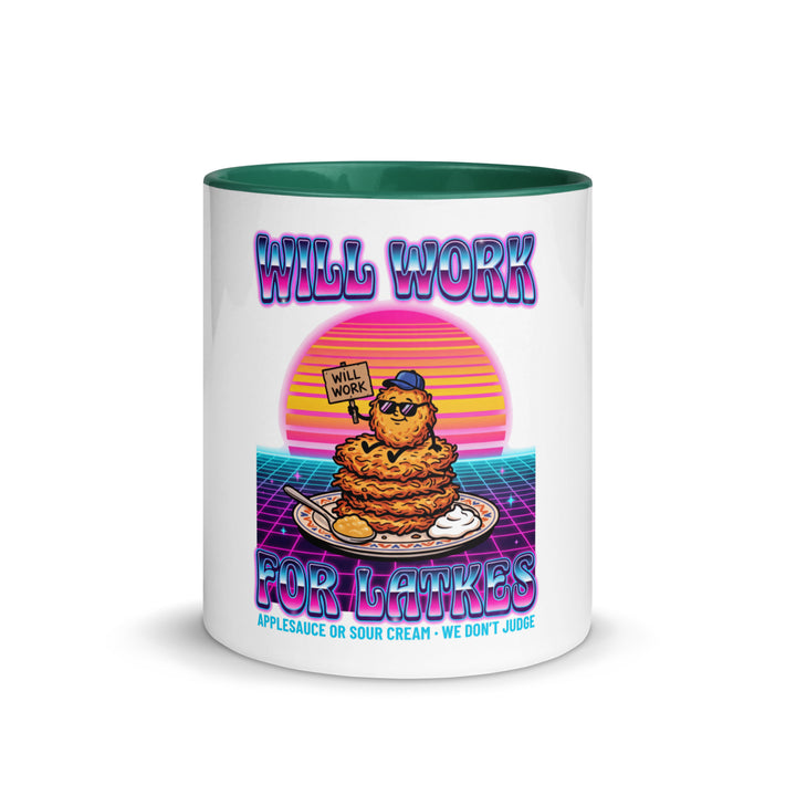 Will Work for Latkes 80s Jewish pride mug with dark green inside, 11 oz - front view