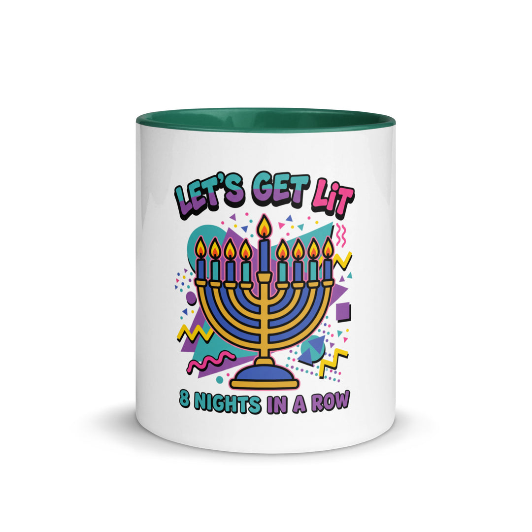 Lets Get Lit 90s Jewish pride mug with dark green inside, 11 oz - front view