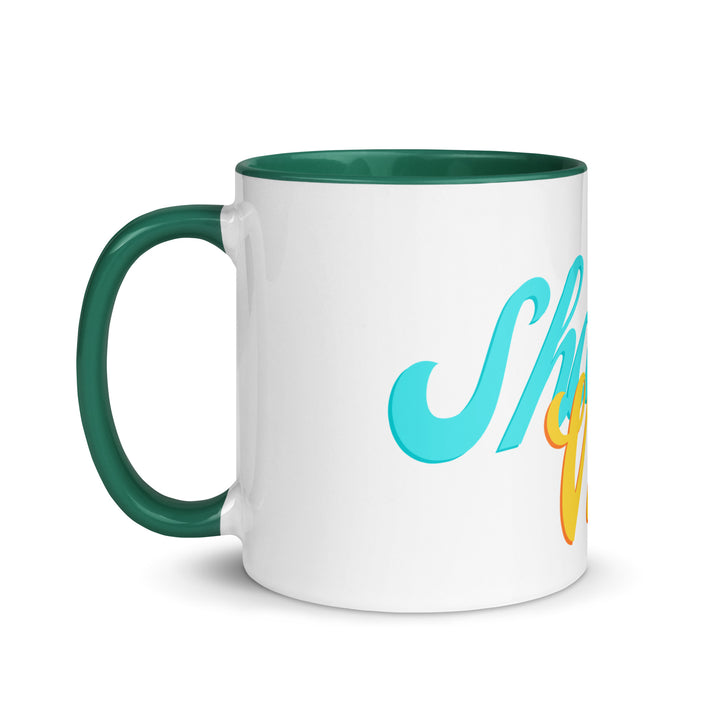 Shabbat Vibes Jewish pride mug with dark green inside, 11 oz - left side view