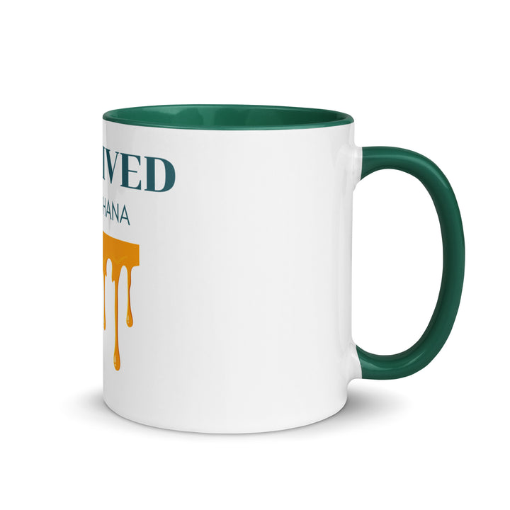 I Survived Rosh HaShana Jewish pride mug with color inside in Dark green - detail view