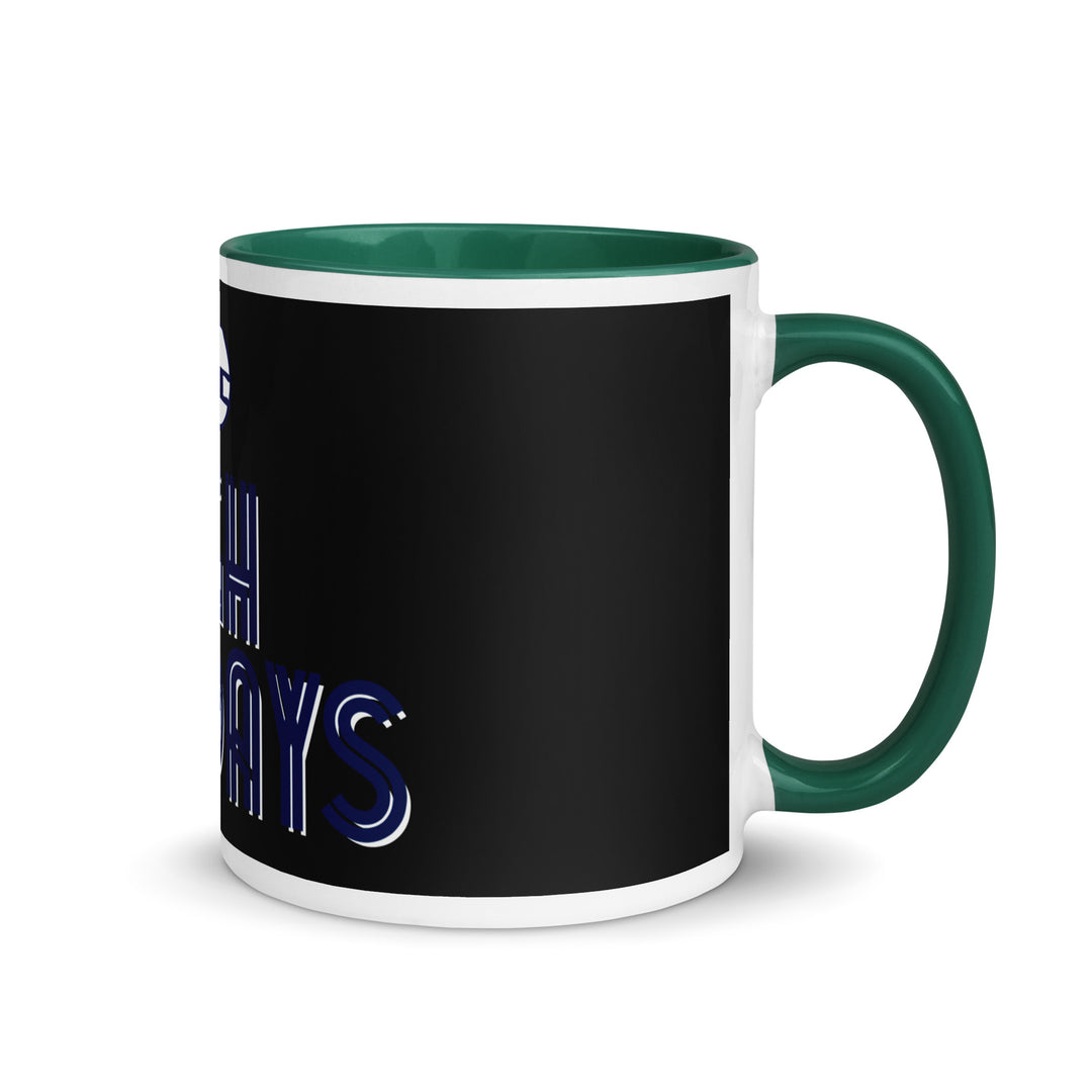 High Holidays Jewish pride mug with dark green inside, 11 oz - right side view