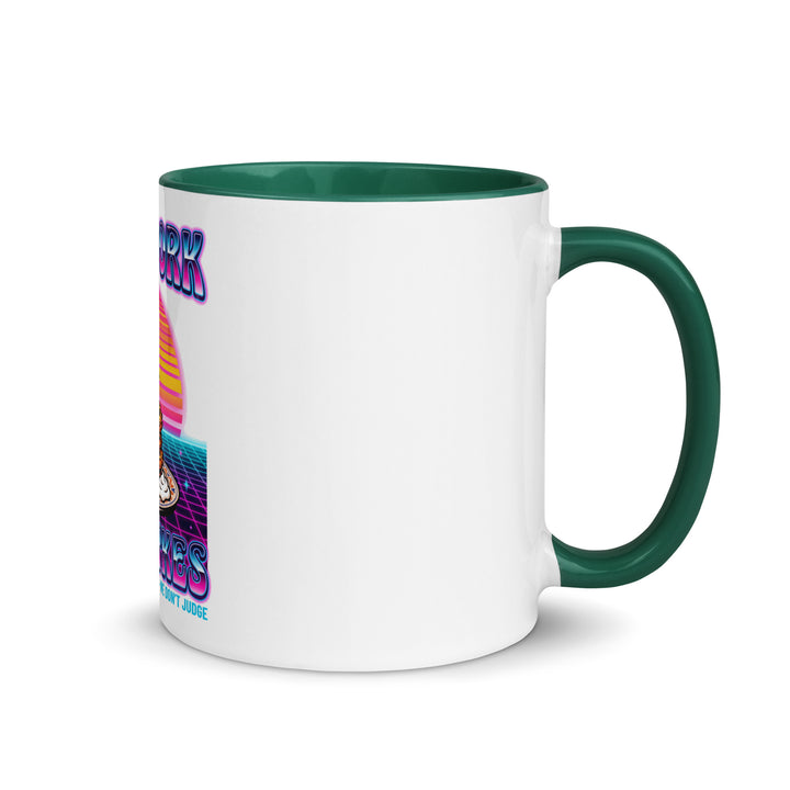 Will Work for Latkes 80s Jewish pride mug with dark green inside, 11 oz - right side view