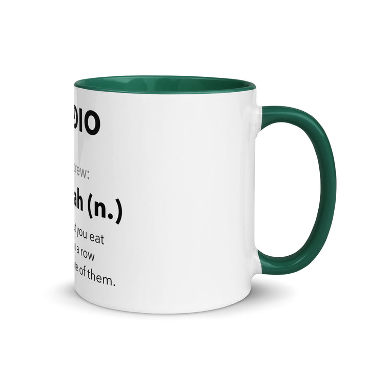 Learn Hebrew Sufganiyah Jewish pride mug with dark green inside, 11 oz - right side view