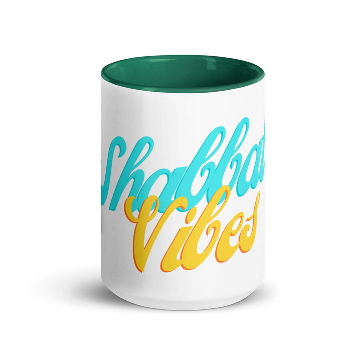 Shabbat Vibes Jewish pride mug with dark green inside, 15 oz - front view