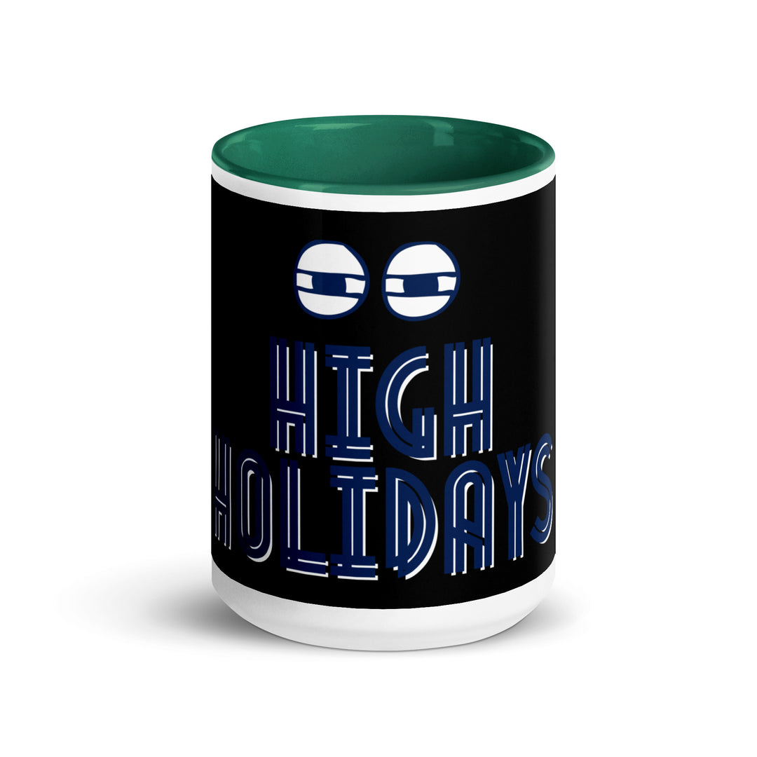 High Holidays Jewish pride mug with dark green inside, 15 oz - front view