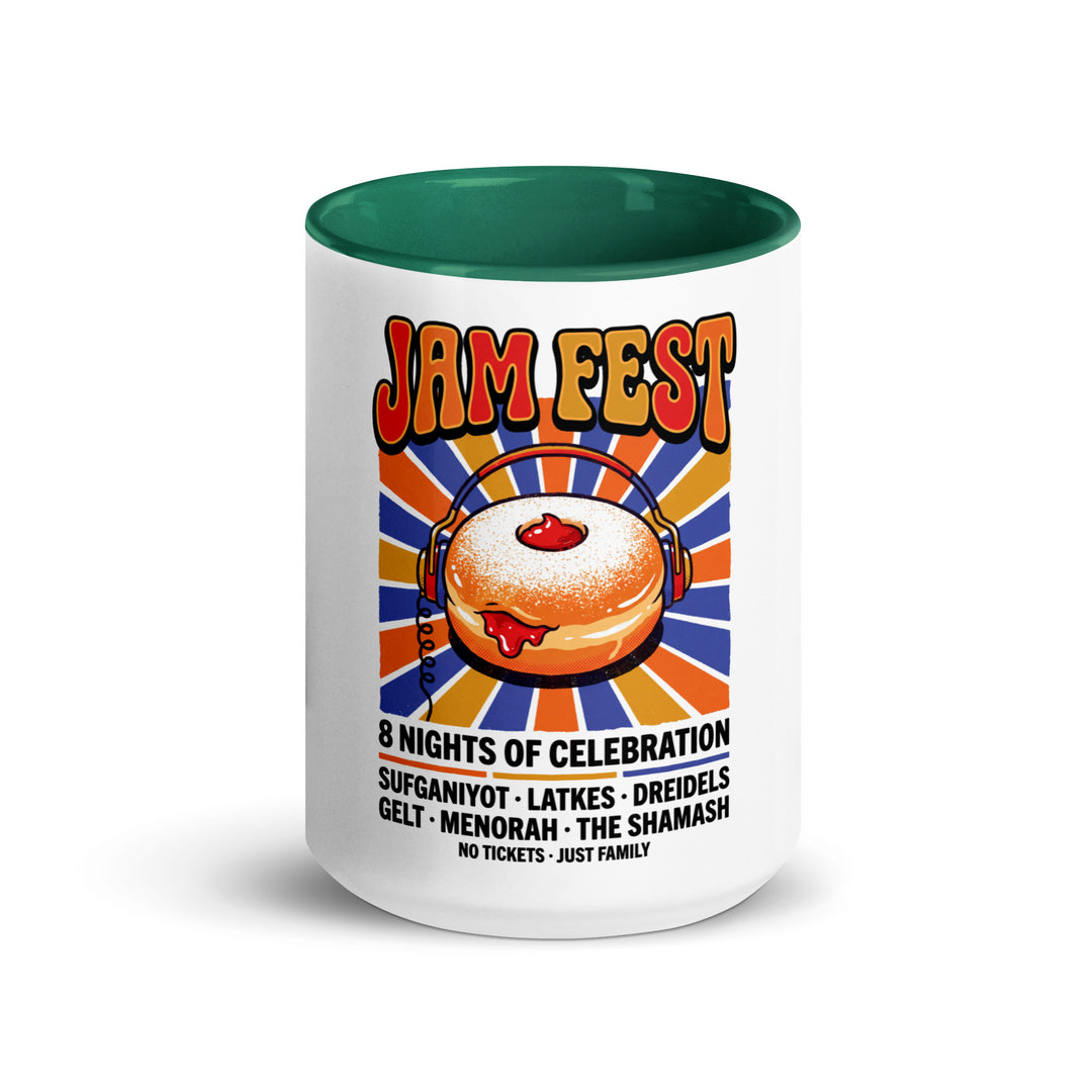 Jam Fest 8 Nights Jewish pride mug with dark green inside, 15 oz - front view