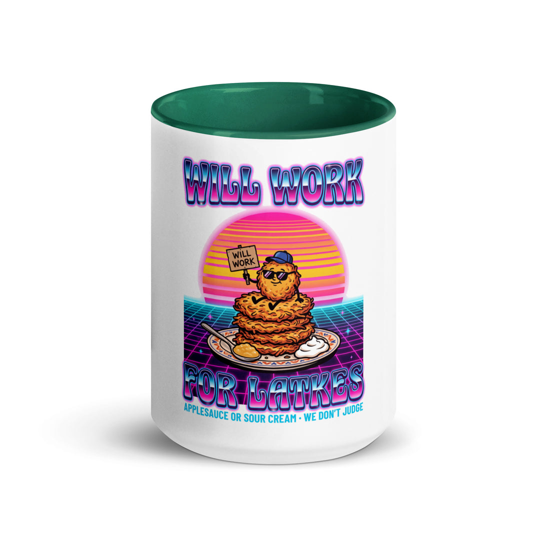 Will Work for Latkes 80s Jewish pride mug with dark green inside, 15 oz - front view