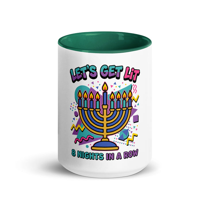 Lets Get Lit 90s Jewish pride mug with dark green inside, 15 oz - front view