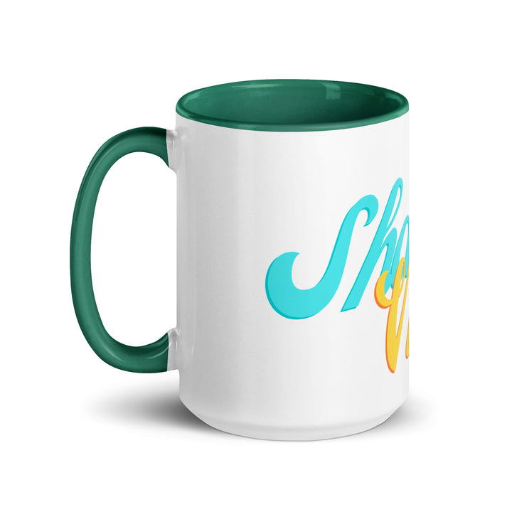 Shabbat Vibes Jewish pride mug with dark green inside, 15 oz - left side view