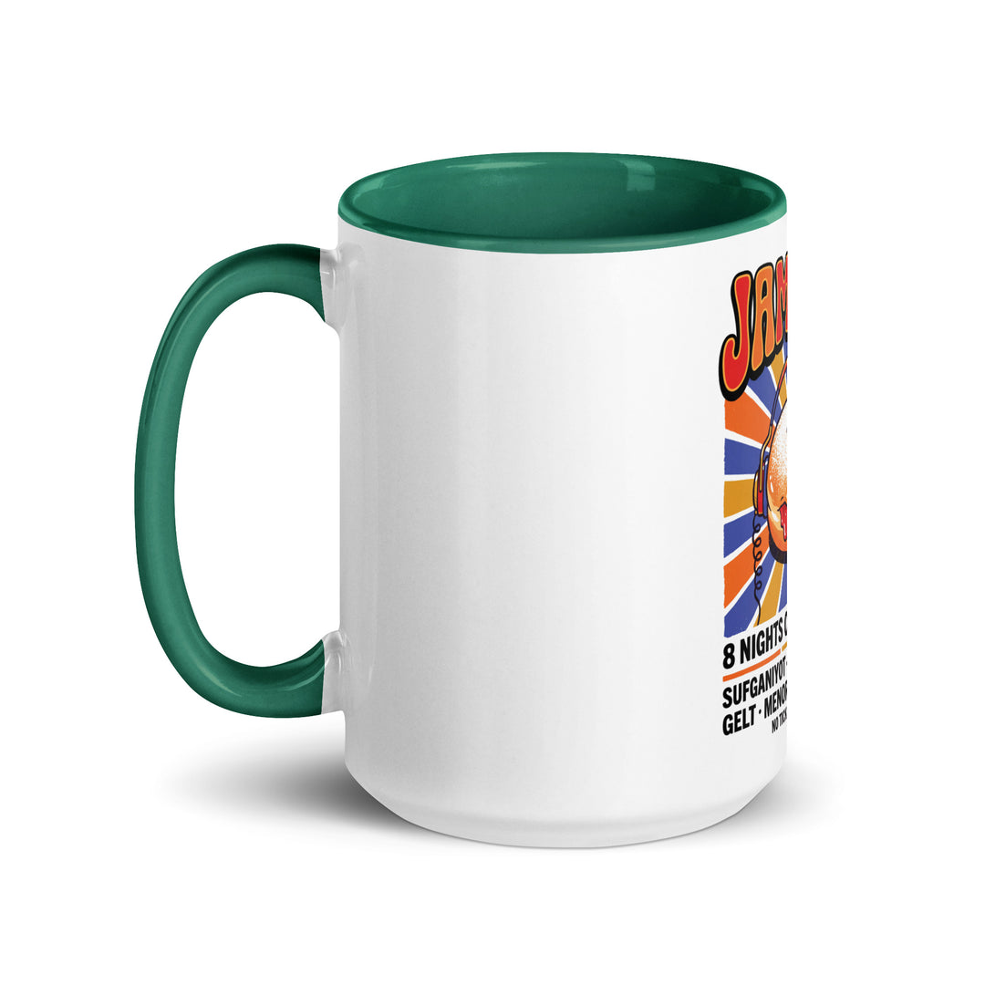 Jam Fest 8 Nights Jewish pride mug with dark green inside, 15 oz - left side view