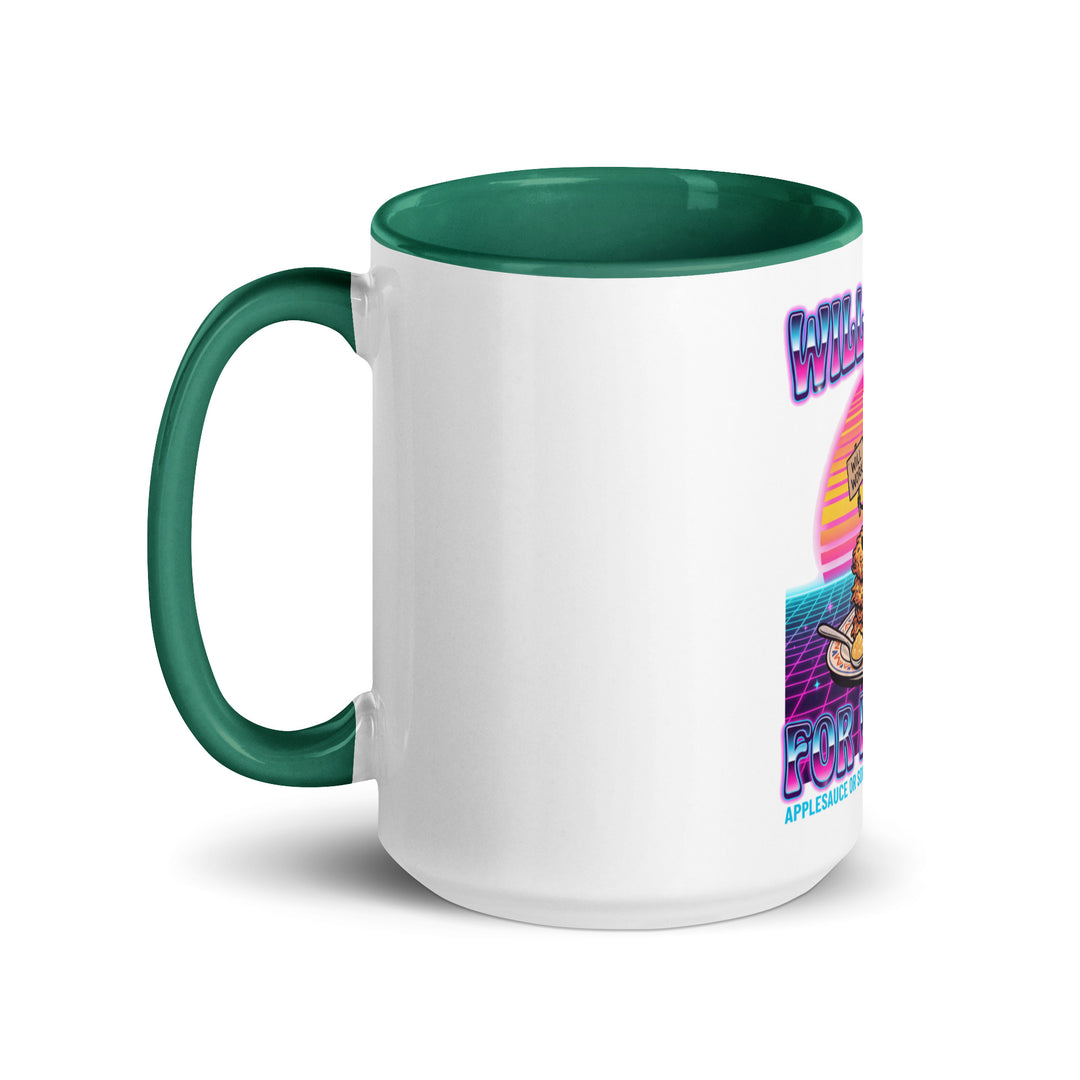 Will Work for Latkes 80s Jewish pride mug with dark green inside, 15 oz - left side view