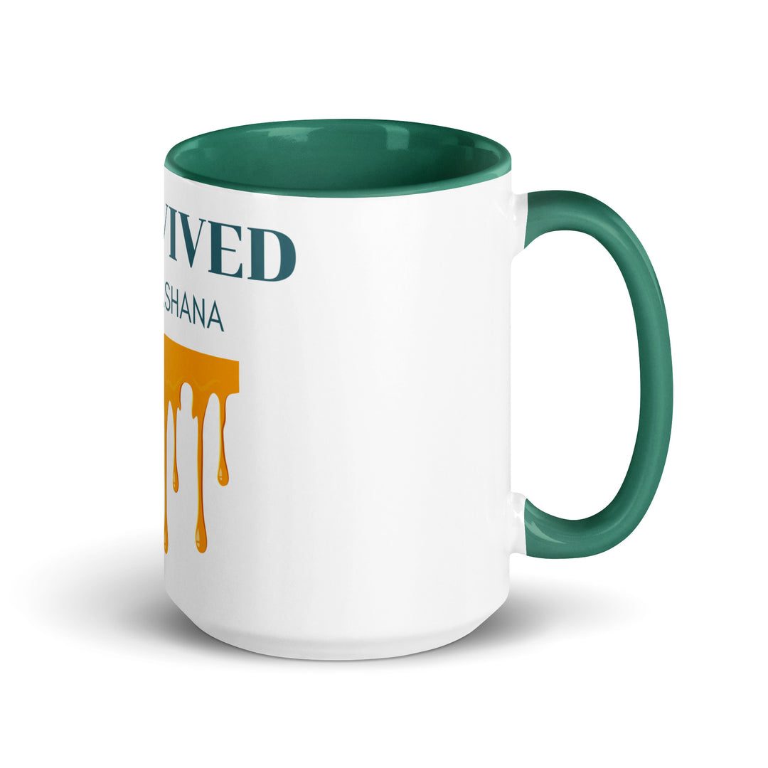 I Survived Rosh HaShana Jewish pride mug with color inside in Dark green - lifestyle shot