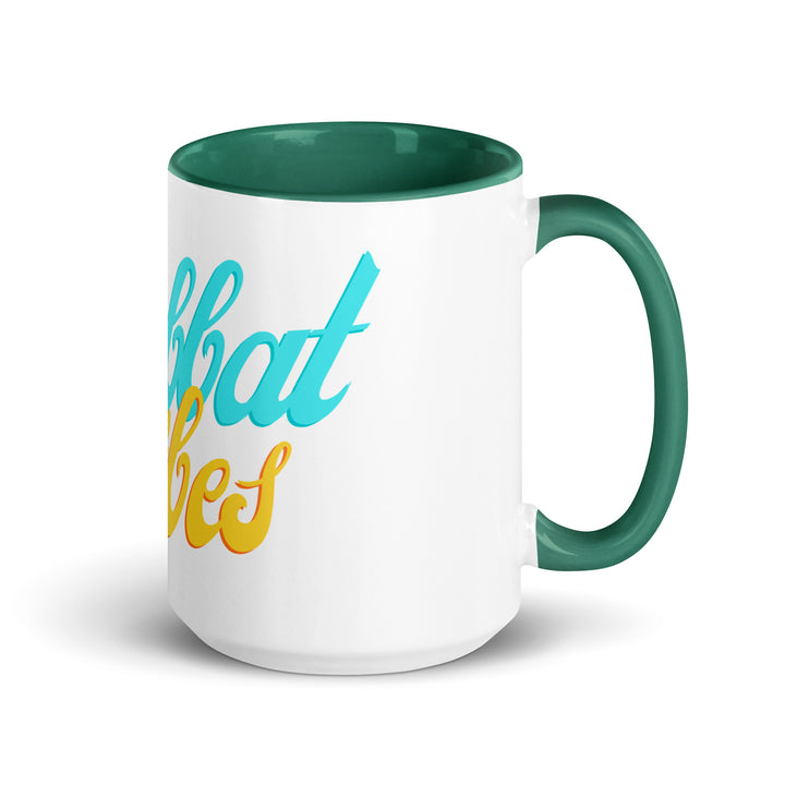 Shabbat Vibes Jewish pride mug with dark green inside, 15 oz - right side view