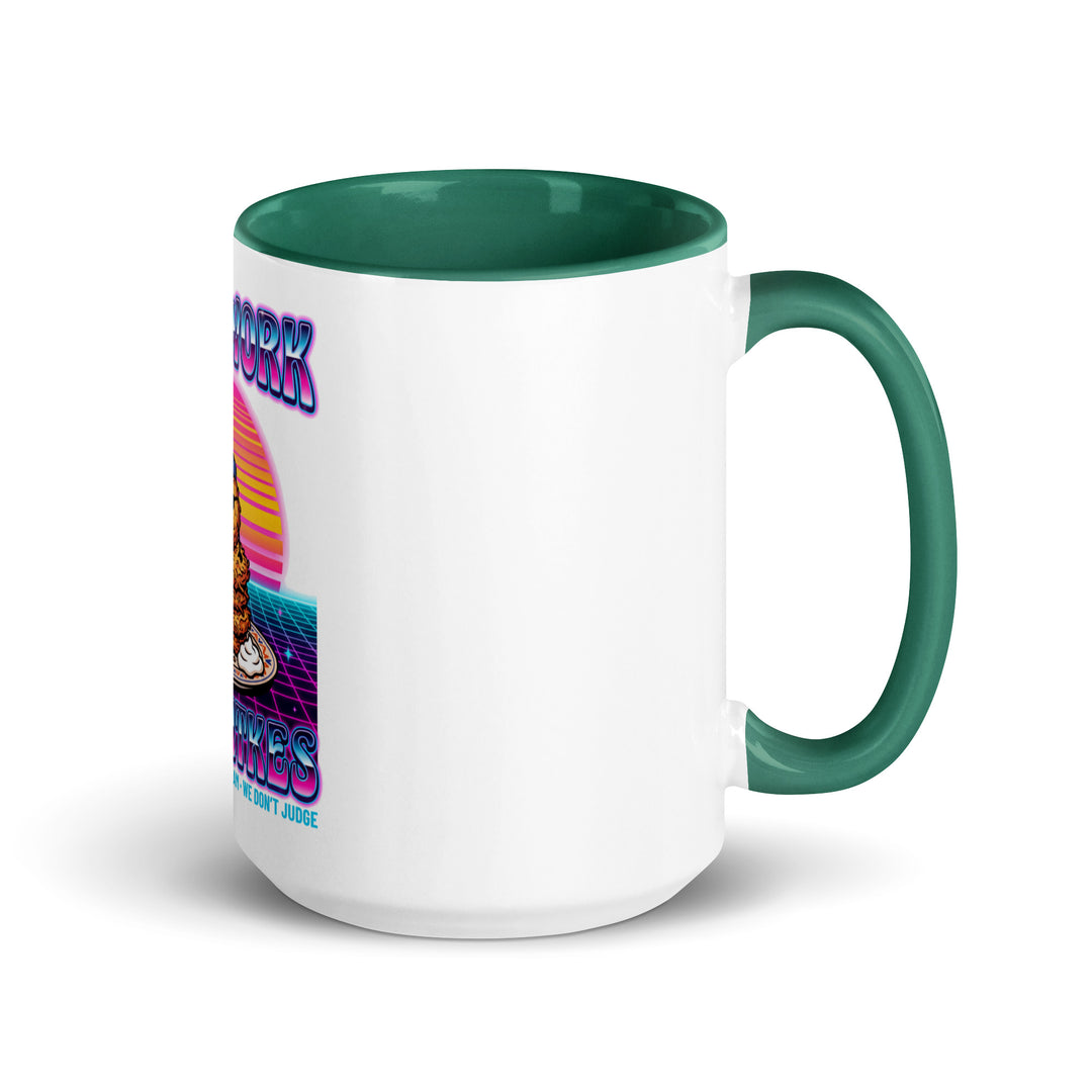 Will Work for Latkes 80s Jewish pride mug with dark green inside, 15 oz - right side view