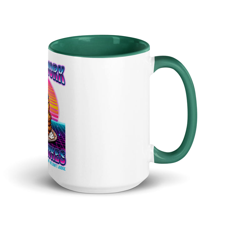 Will Work for Latkes 80s Jewish pride mug with dark green inside, 15 oz - right side view
