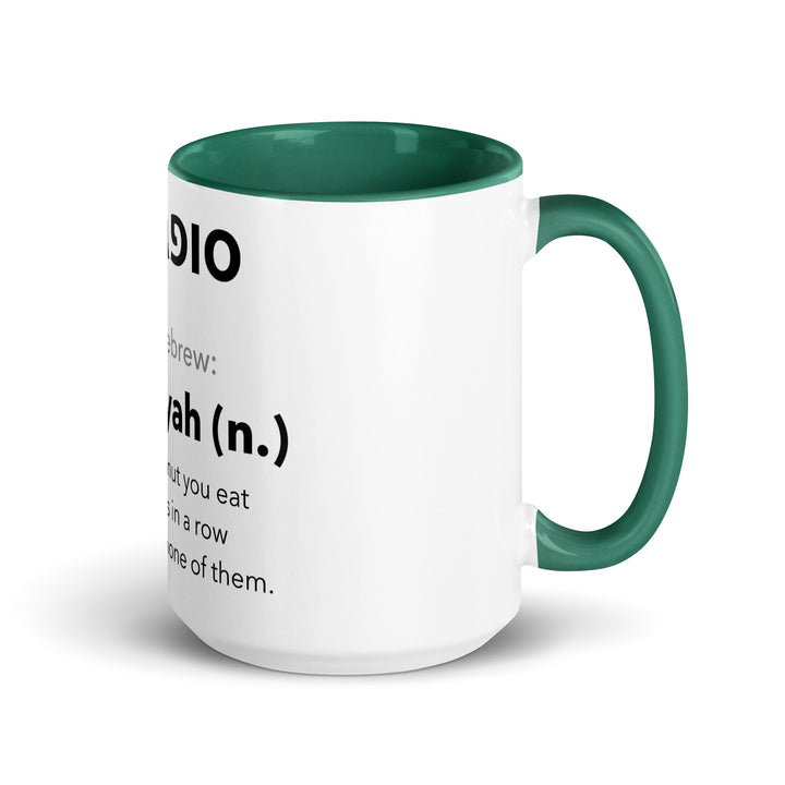 Learn Hebrew Sufganiyah Jewish pride mug with dark green inside, 15 oz - right side view